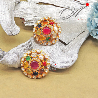 Silver Moissanite Polki Semi Precious Navratna Earring,  Polki Studs, Indian Wedding Jewelery, Silver Earring, Wedding Jewelery, Studs