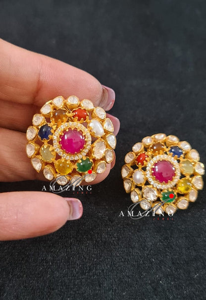 Silver Moissanite Polki Semi Precious Navratna Earring,  Polki Studs, Indian Wedding Jewelery, Silver Earring, Wedding Jewelery, Studs