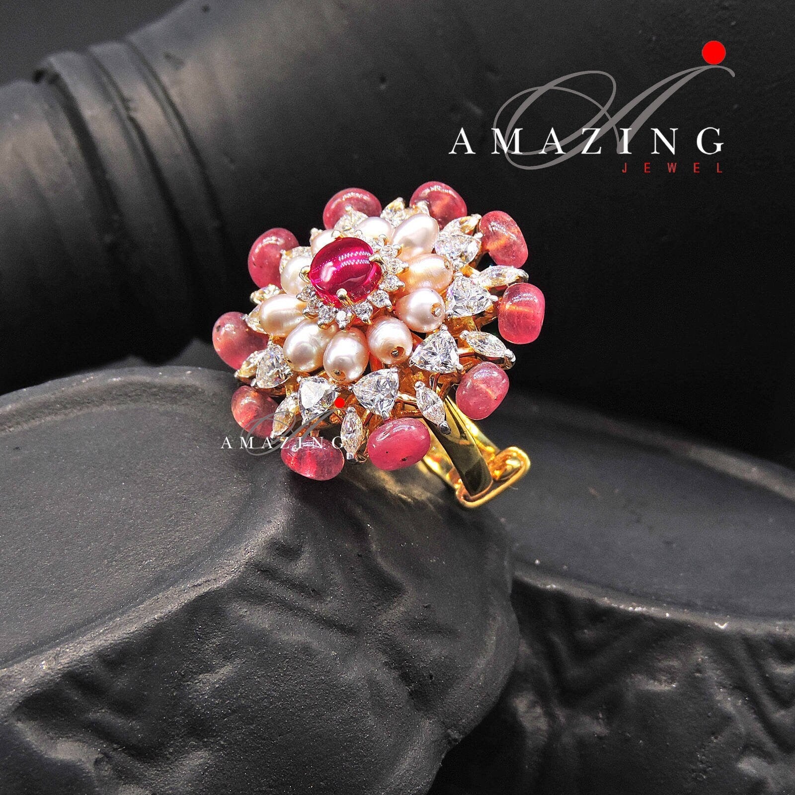 Silver Swarovski Ruby & Pearl Ring, Contemporary Ring, Cubic Zirconia Ring, Statement Ring, Silver Cocktail Ring, 925  Silver, Cocktail Ring