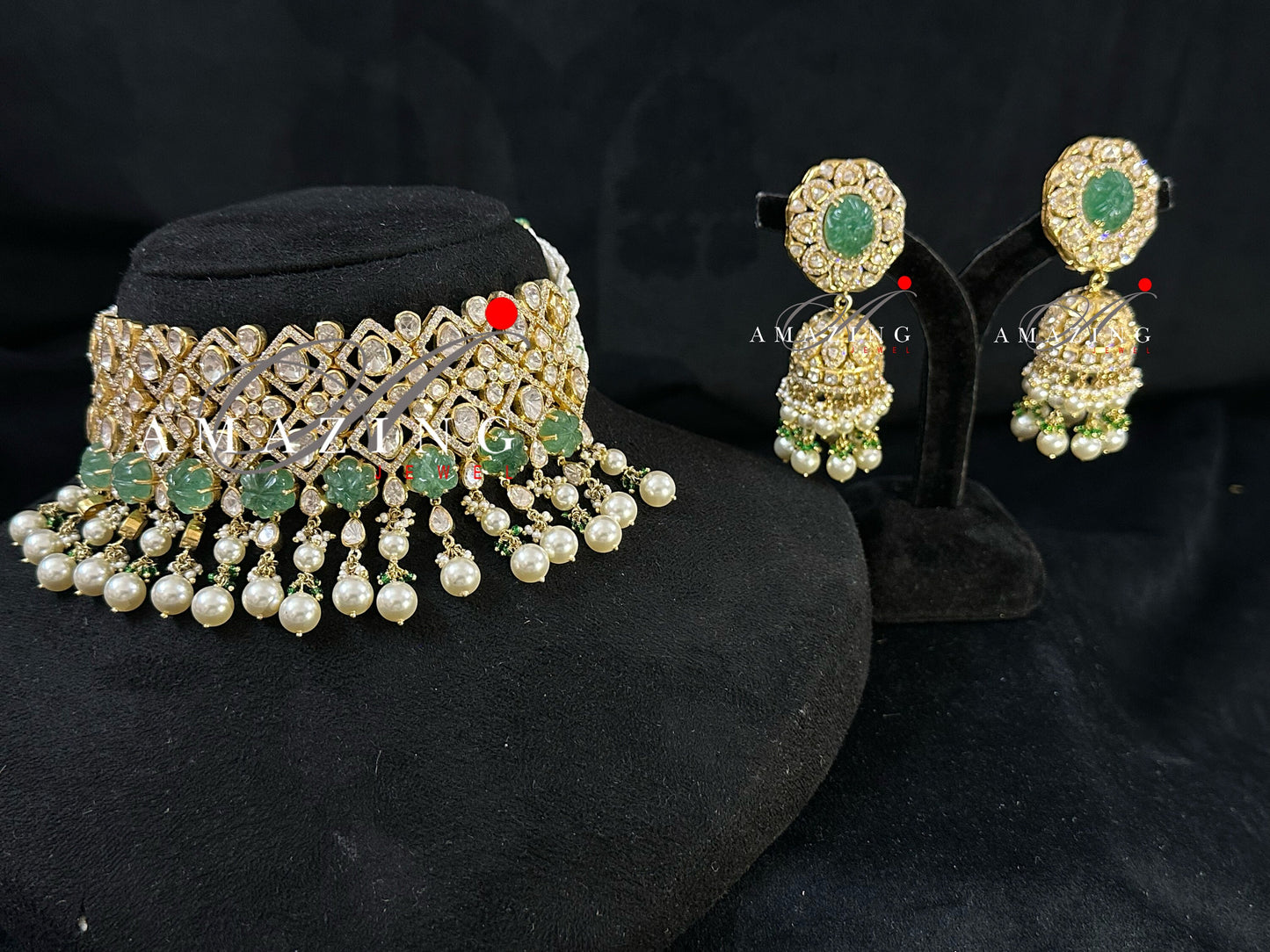 Silver Mossanite Polki Hydro Emerald Tumble Set , Indian Wedding Jewelry Set, Bridal Jewellery ,Necklace set, Choker Set, Jhumka, Earring