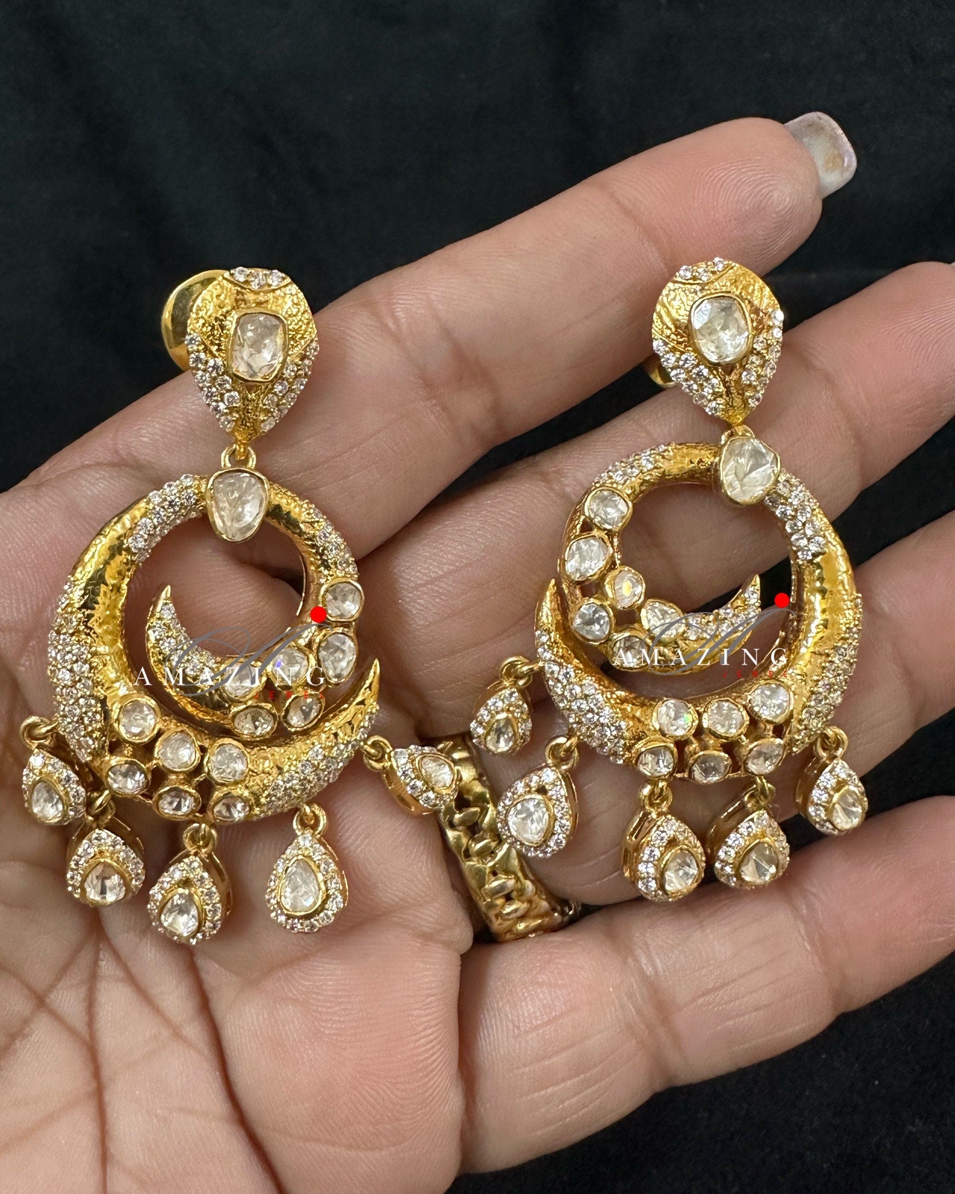 Silver Moissanite Polki Earring ,Silver Earring ,Moissanite Earring , Wedding Jewelery ,Chandbali ,Indian Traditional Jewelery, Earring