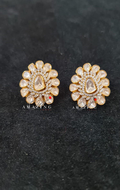 Silver Moissanite Polki Swarovski Earring, Moissanite Kundan Earring, Stud Earring, Bridal Jewellery, Traditional Jewellery, Women Jewellery