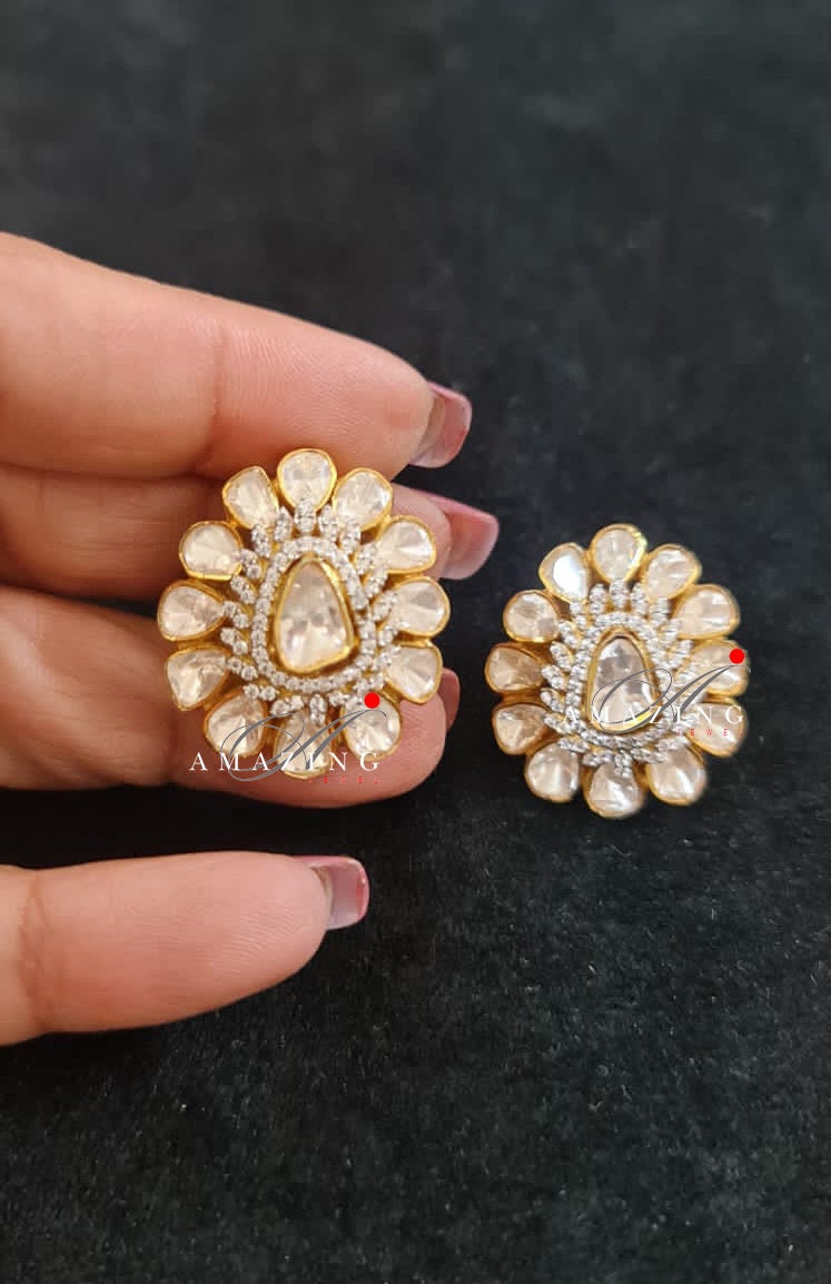 Silver Moissanite Polki Swarovski Earring, Moissanite Kundan Earring, Stud Earring, Bridal Jewellery, Traditional Jewellery, Women Jewellery