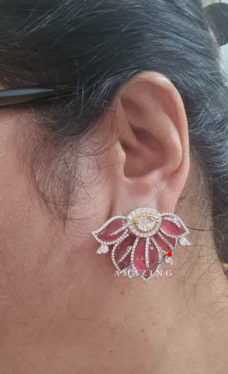 Silver Moissanite Polki with Swarovski Ruby Earring, Moissanite Polki Stud, Wedding Jewelery, Everyday Wear Studs, Earring, Party wear Stud