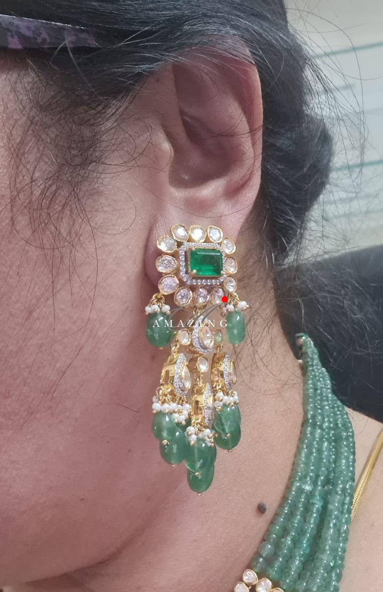 Silver Mossanite Polki Hydro Emerald Tumble, Indian Wedding Jewellery, Indian Traditional Jewellery, Bridal Jewellery, Necklace set, Earring