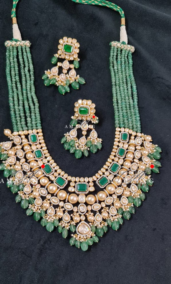 Silver Mossanite Polki Hydro Emerald Tumble, Indian Wedding Jewellery, Indian Traditional Jewellery, Bridal Jewellery, Necklace set, Earring