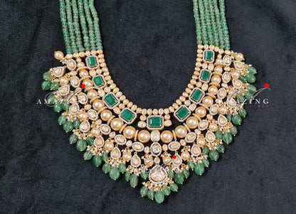 Silver Mossanite Polki Hydro Emerald Tumble, Indian Wedding Jewellery, Indian Traditional Jewellery, Bridal Jewellery, Necklace set, Earring