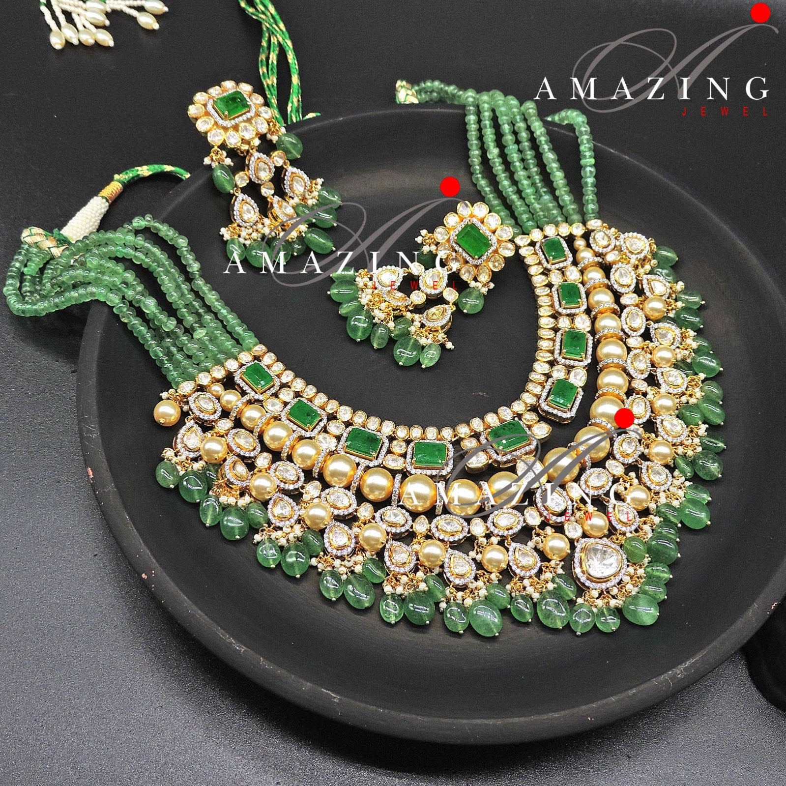 Silver Mossanite Polki Hydro Emerald Tumble, Indian Wedding Jewellery, Indian Traditional Jewellery, Bridal Jewellery, Necklace set, Earring