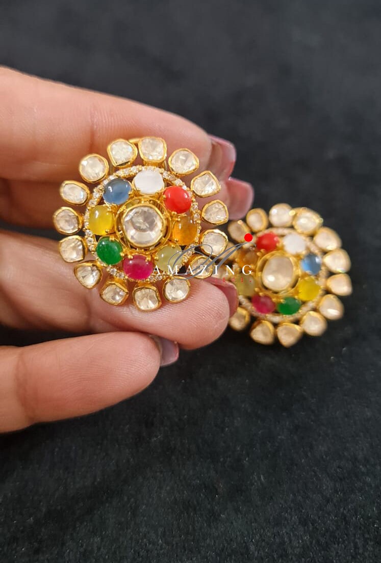 Silver Moissanite Polki Semi Precious Navratna Earring,  Polki Studs, Indian Wedding Jewelery, Silver Earring, Wedding Jewelery, Studs