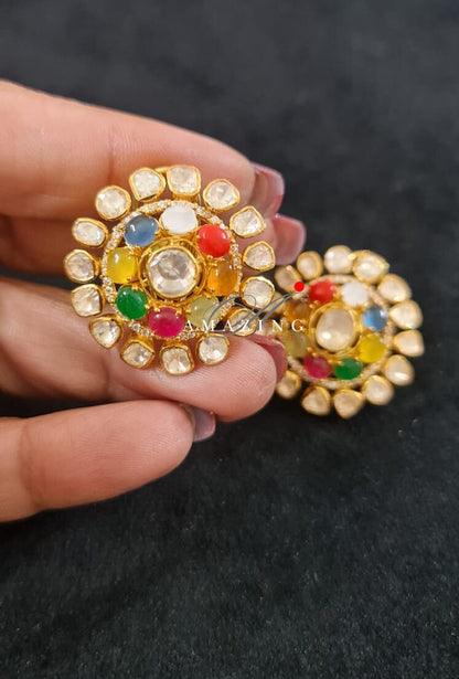 Silver Moissanite Polki Semi Precious Navratna Earring,  Polki Studs, Indian Wedding Jewelery, Silver Earring, Wedding Jewelery, Studs