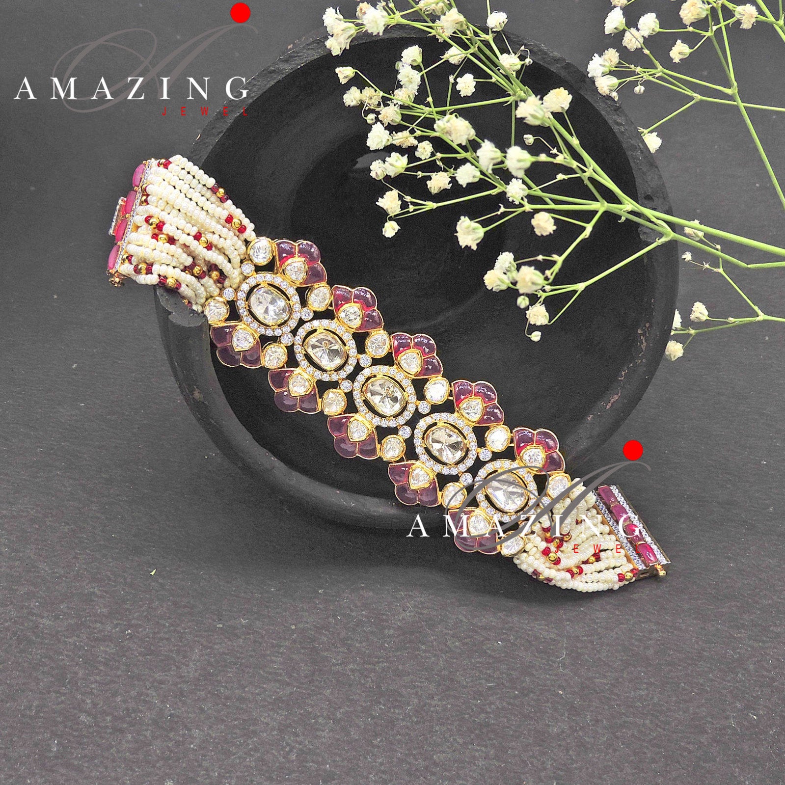 Silver Moissanite Polki Bracelet, Ruby Chip Stones, Indian Traditional Bracelet, Moissanite Bracelet, Bridal Jewellery, Openable Bracelet