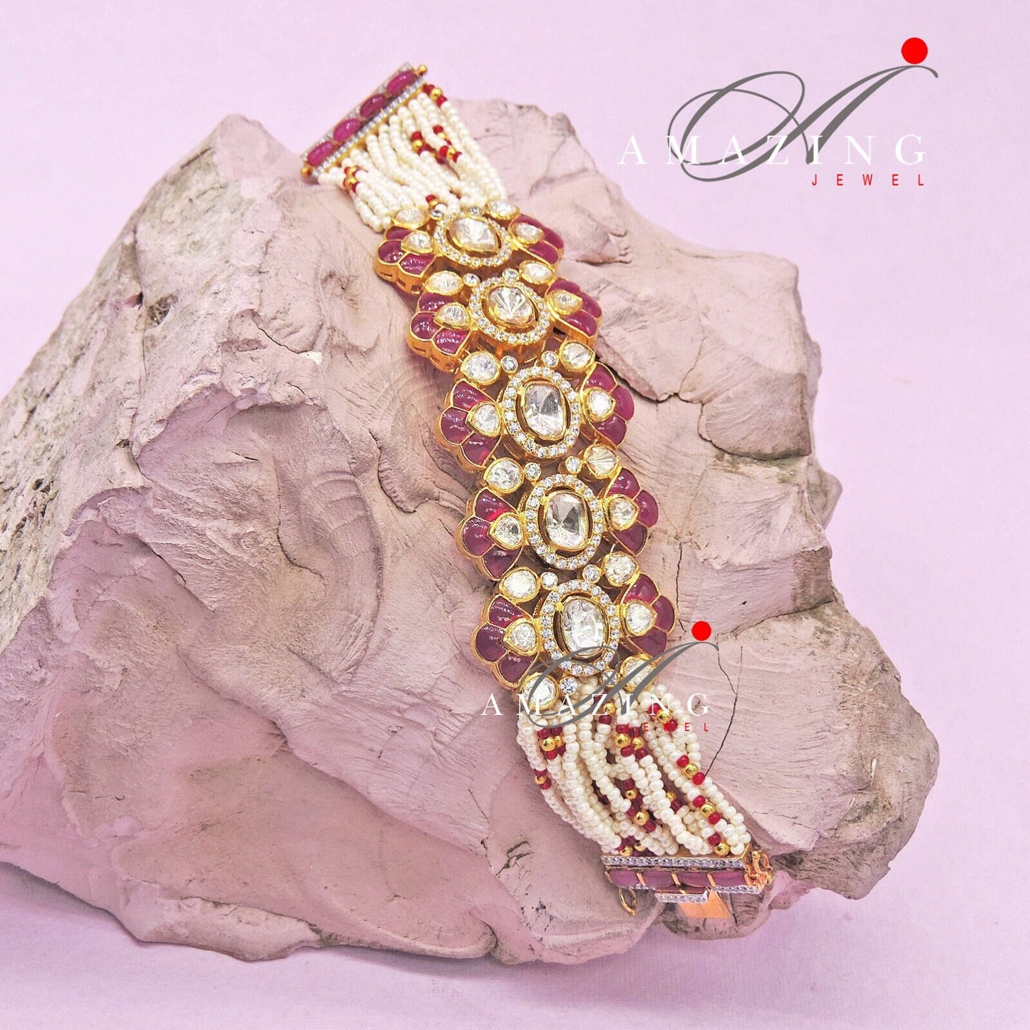 Silver Moissanite Polki Bracelet, Ruby Chip Stones, Indian Traditional Bracelet, Moissanite Bracelet, Bridal Jewellery, Openable Bracelet