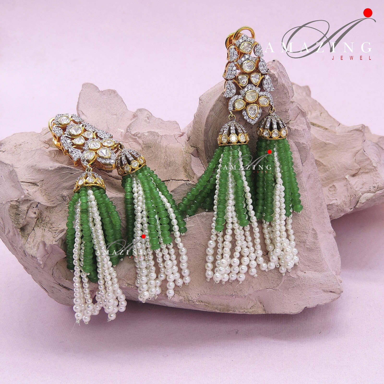 Silver Moissanite Polki Emerald & Pearl Earring, Moissanite Earring, Statement Earring, Bridal Jewellery, Chandelier Earrings, 925 Silver