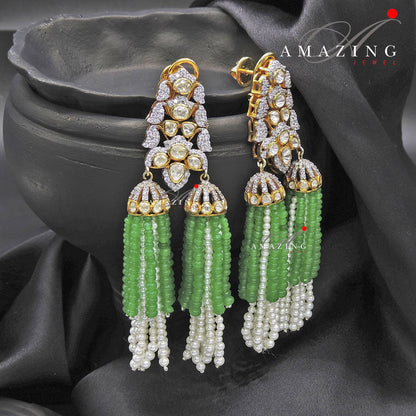 Silver Moissanite Polki Emerald & Pearl Earring, Moissanite Earring, Statement Earring, Bridal Jewellery, Chandelier Earrings, 925 Silver