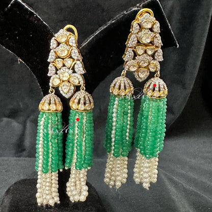 Silver Moissanite Polki Emerald & Pearl Earring, Moissanite Earring, Statement Earring, Bridal Jewellery, Chandelier Earrings, 925 Silver