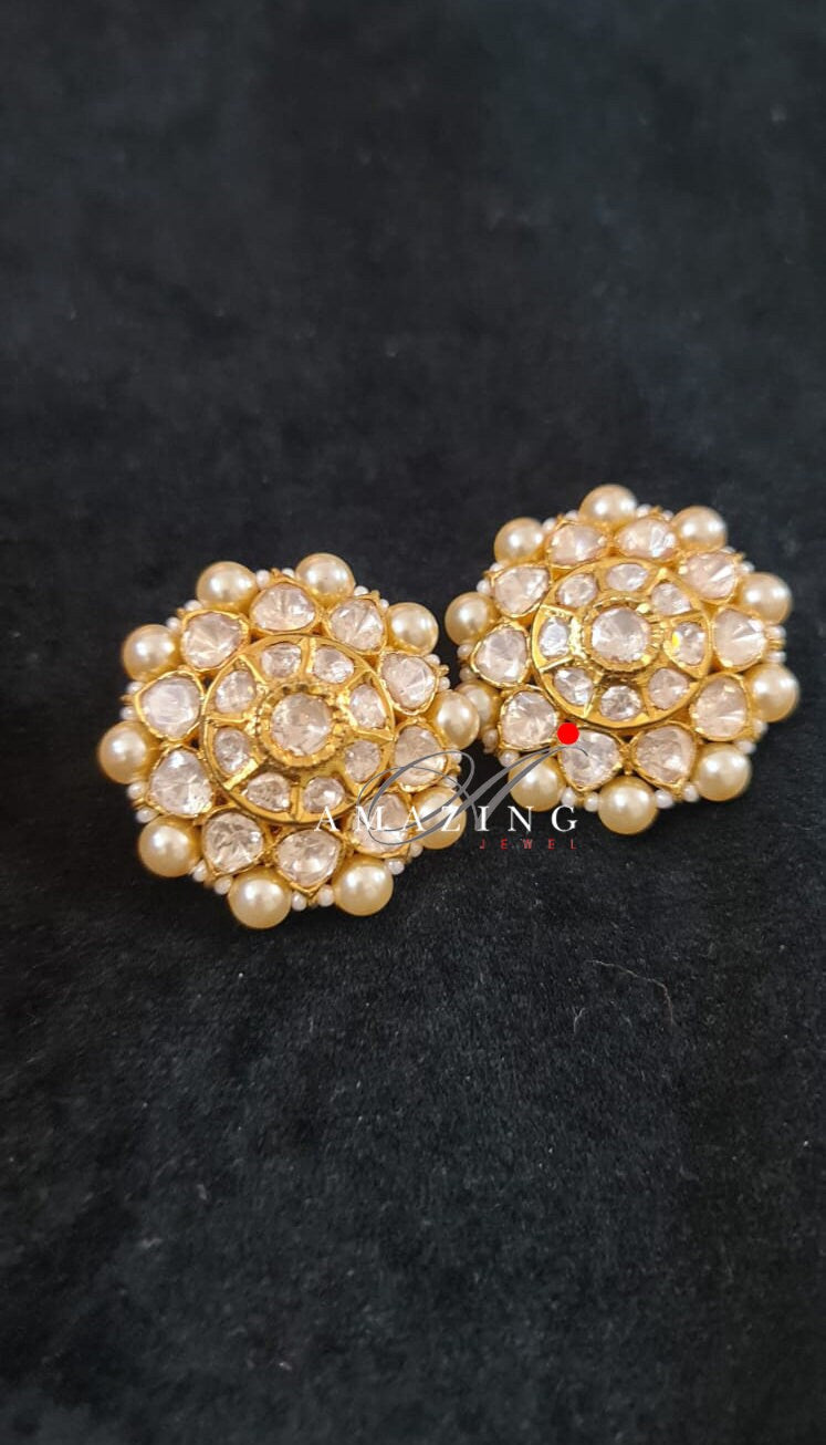 Silver Moissanite Polki  Pearls Earring, Moissanite Kundan Earring, Stud Earring, Bridal Jewellery, Traditional Jewellery, Women Jewellery