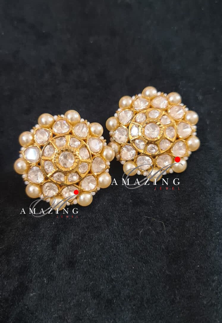 Silver Moissanite Polki  Pearls Earring, Moissanite Kundan Earring, Stud Earring, Bridal Jewellery, Traditional Jewellery, Women Jewellery