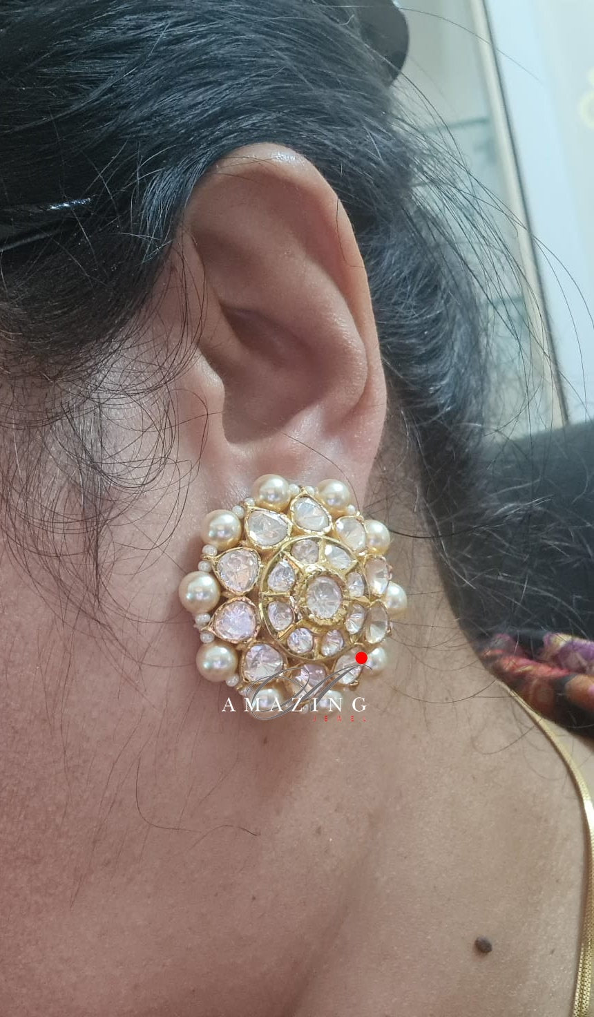 Silver Moissanite Polki  Pearls Earring, Moissanite Kundan Earring, Stud Earring, Bridal Jewellery, Traditional Jewellery, Women Jewellery