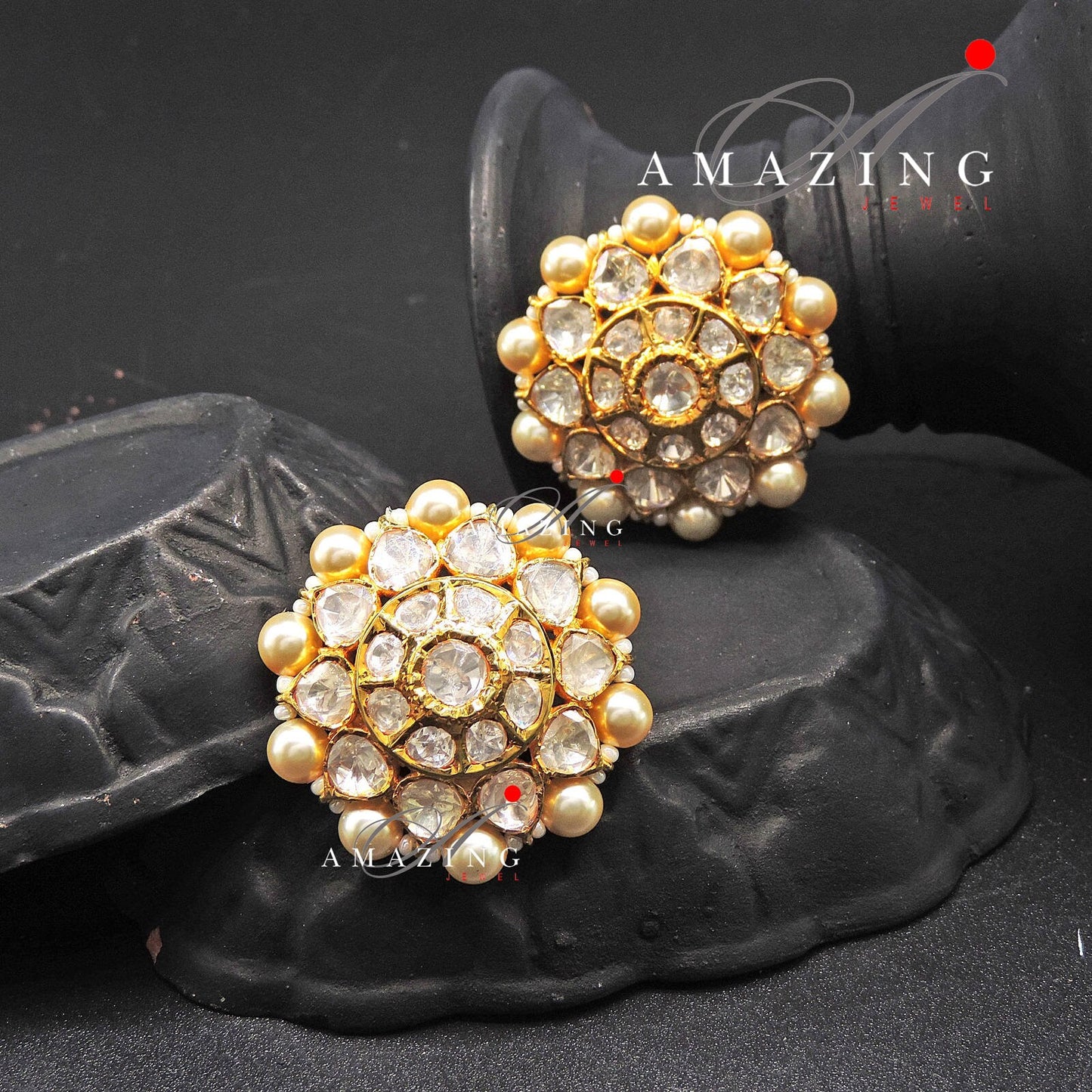 Silver Moissanite Polki  Pearls Earring, Moissanite Kundan Earring, Stud Earring, Bridal Jewellery, Traditional Jewellery, Women Jewellery