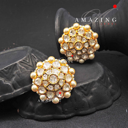 Silver Moissanite Polki  Pearls Earring, Moissanite Kundan Earring, Stud Earring, Bridal Jewellery, Traditional Jewellery, Women Jewellery