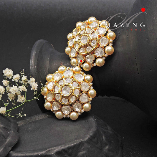 Silver Moissanite Polki  Pearls Earring, Moissanite Kundan Earring, Stud Earring, Bridal Jewellery, Traditional Jewellery, Women Jewellery