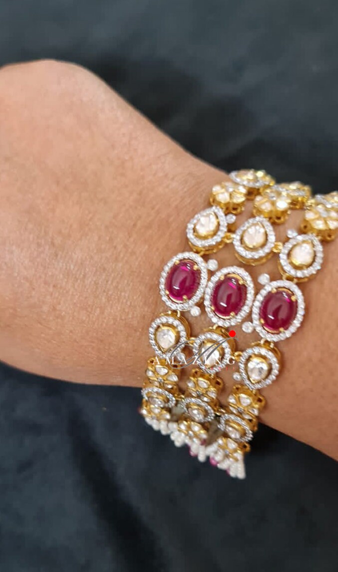 Silver Moissanite Polki Bracelet, Ruby Cab Stones, Indian Traditional Bracelet, Moissanite Bracelet, Bridal Jewellery, Openable Bracelet