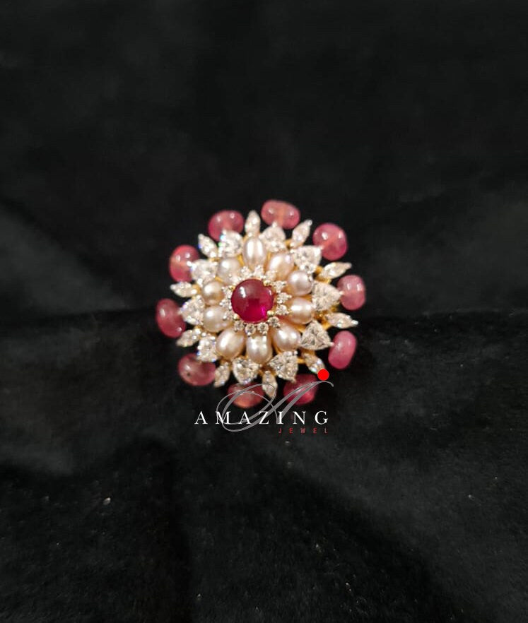 Silver Swarovski Ruby & Pearl Ring, Contemporary Ring, Cubic Zirconia Ring, Statement Ring, Silver Cocktail Ring, 925  Silver, Cocktail Ring