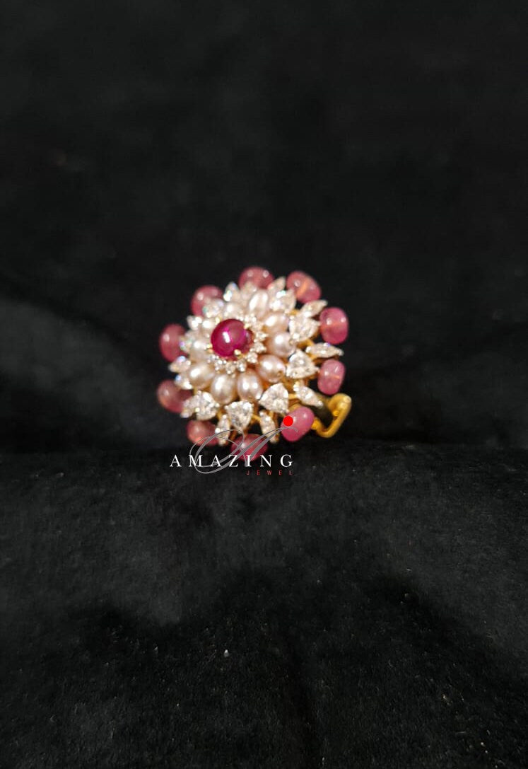 Silver Swarovski Ruby & Pearl Ring, Contemporary Ring, Cubic Zirconia Ring, Statement Ring, Silver Cocktail Ring, 925  Silver, Cocktail Ring