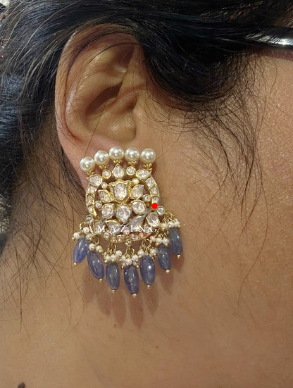 Silver Moissanite and Tanzanite Beads Polki Earring ,Moissanite Polki Earring, Wedding Jewellery ,Indian Jewellery, Traditional Earring,Stud