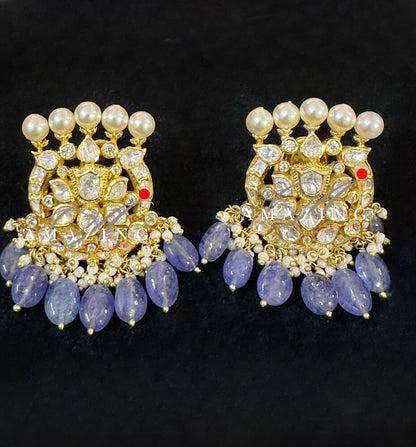 Silver Moissanite and Tanzanite Beads Polki Earring ,Moissanite Polki Earring, Wedding Jewellery ,Indian Jewellery, Traditional Earring,Stud