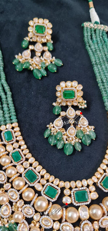 Silver Mossanite Polki Hydro Emerald Tumble, Indian Wedding Jewellery, Indian Traditional Jewellery, Bridal Jewellery, Necklace set, Earring