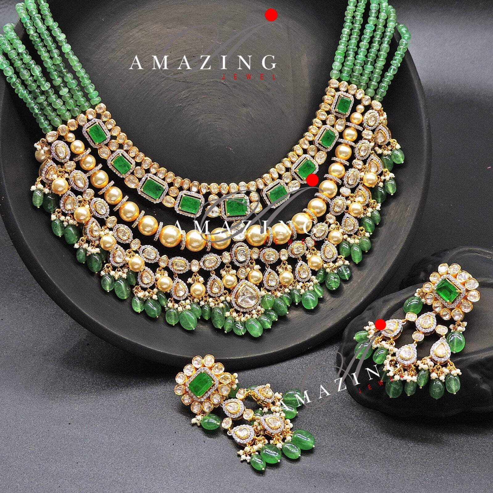 Silver Mossanite Polki Hydro Emerald Tumble, Indian Wedding Jewellery, Indian Traditional Jewellery, Bridal Jewellery, Necklace set, Earring