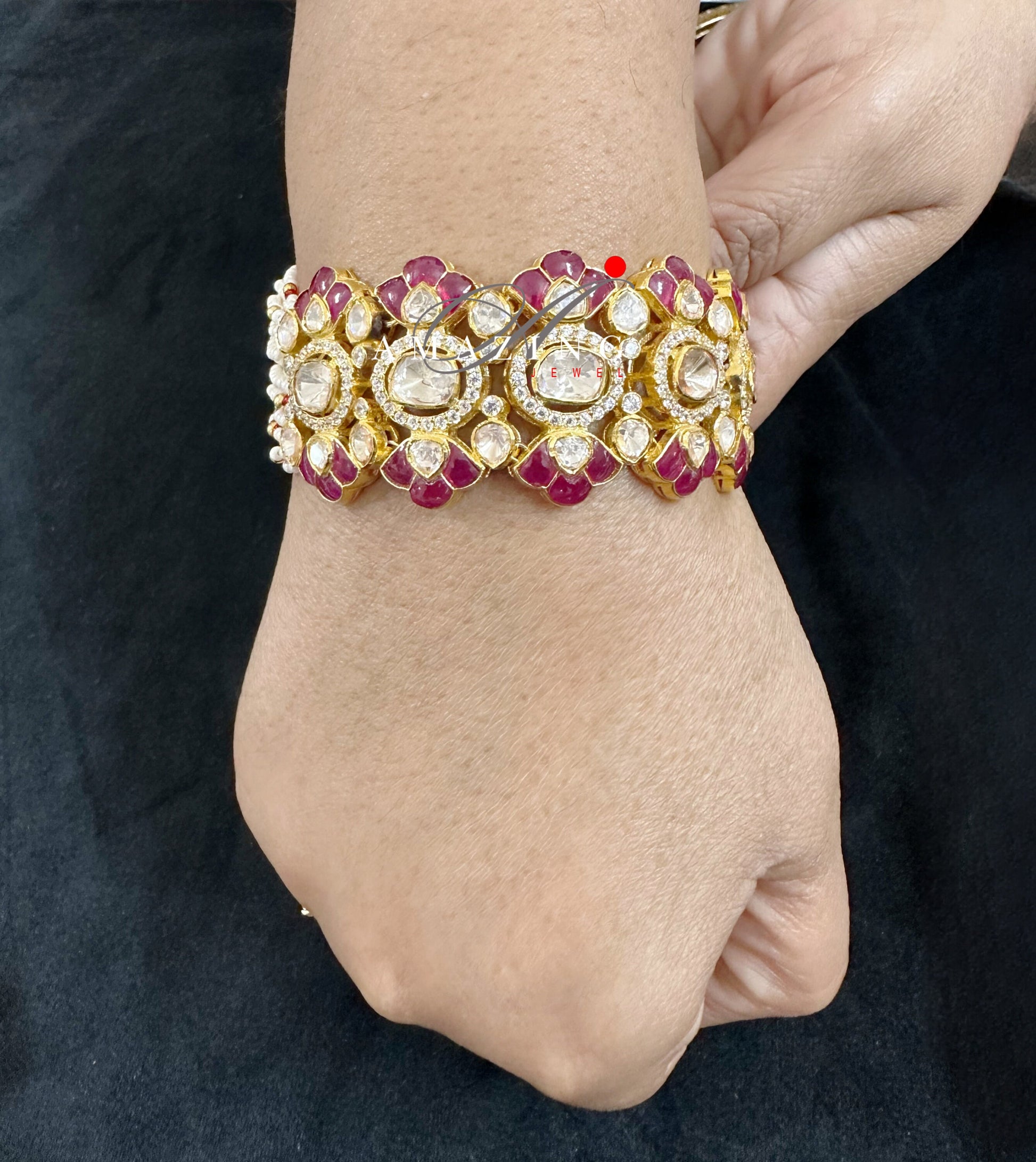 Silver Moissanite Polki Bracelet, Ruby Chip Stones, Indian Traditional Bracelet, Moissanite Bracelet, Bridal Jewellery, Openable Bracelet