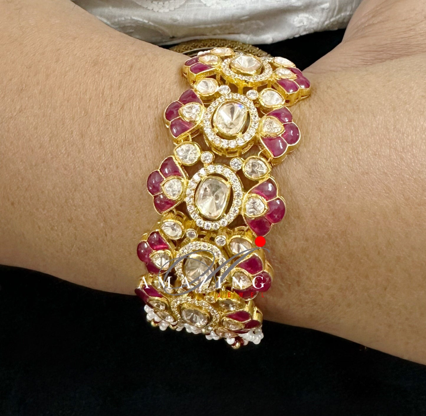 Silver Moissanite Polki Bracelet, Ruby Chip Stones, Indian Traditional Bracelet, Moissanite Bracelet, Bridal Jewellery, Openable Bracelet