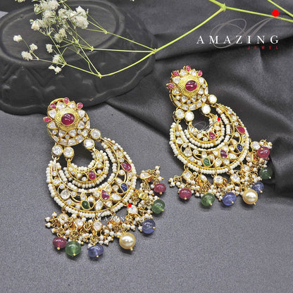 Silver Moissanite Polki Chandbali, Moissanite Polki Earring, Indian Wedding Jewellery, 925 Silver Bridal Wear Earring, Chandbali, Tricolour