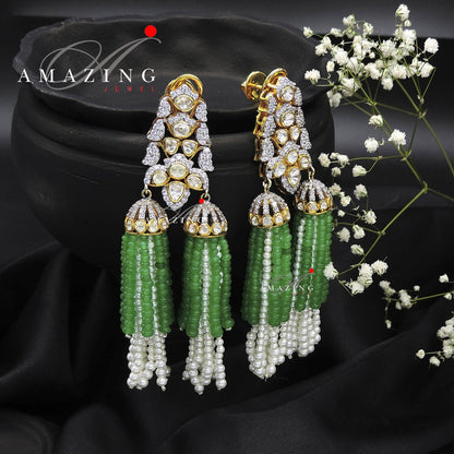 Silver Moissanite Polki Emerald & Pearl Earring, Moissanite Earring, Statement Earring, Bridal Jewellery, Chandelier Earrings, 925 Silver