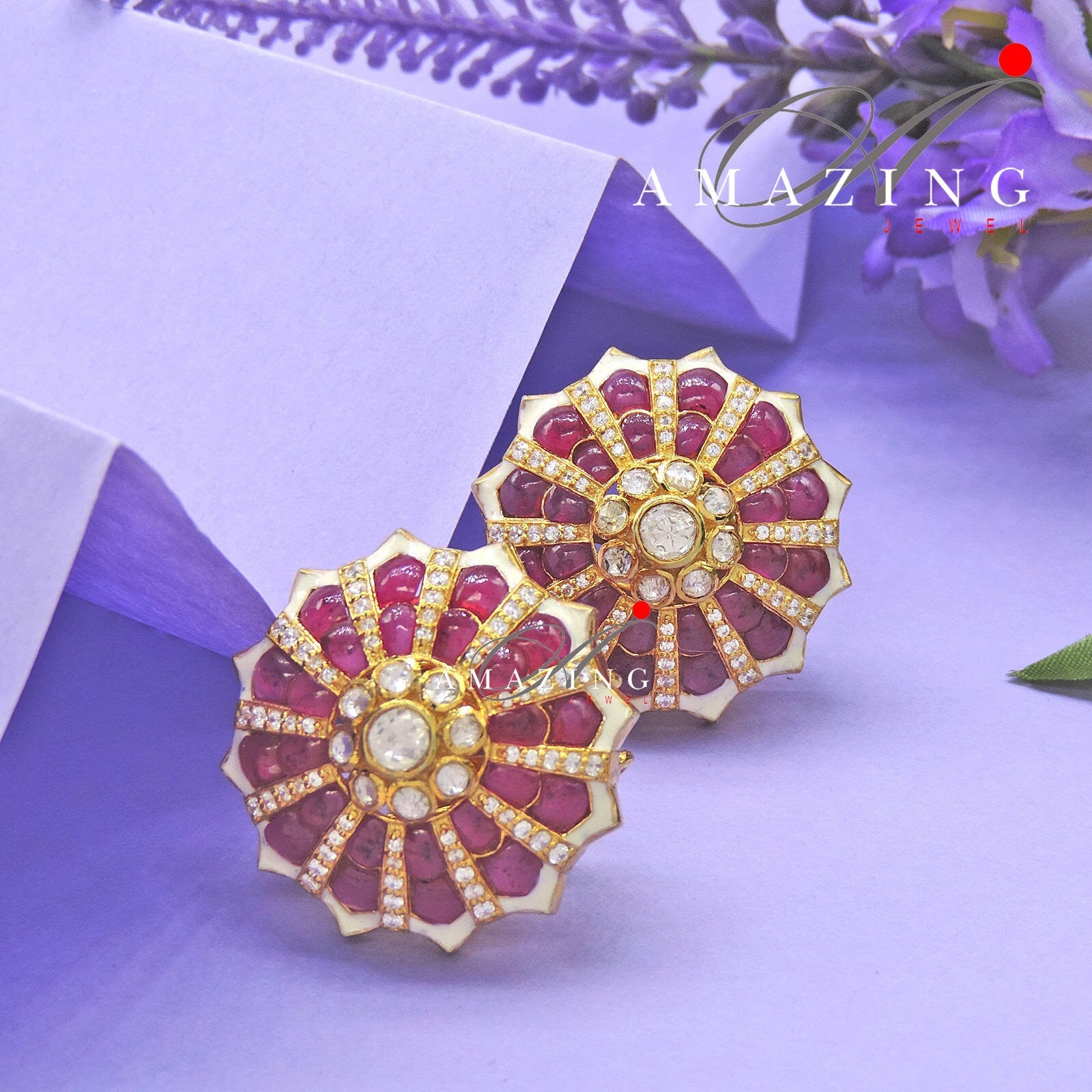 Silver Moissanite Polki with Hydro Ruby Chips Earring Moissanite Polki Kundan Stud Indian Wedding Jewelery Everyday Wear Studs Earrings