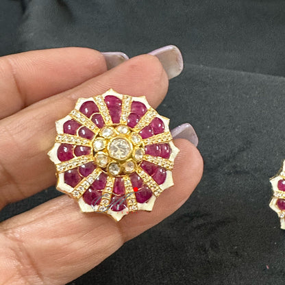 Silver Moissanite Polki with Hydro Ruby Chips Earring Moissanite Polki Kundan Stud Indian Wedding Jewelery Everyday Wear Studs Earrings