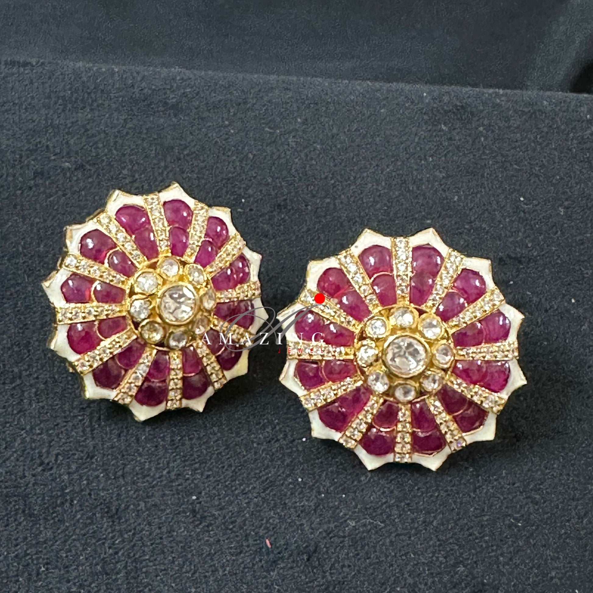 Silver Moissanite Polki with Hydro Ruby Chips Earring Moissanite Polki Kundan Stud Indian Wedding Jewelery Everyday Wear Studs Earrings