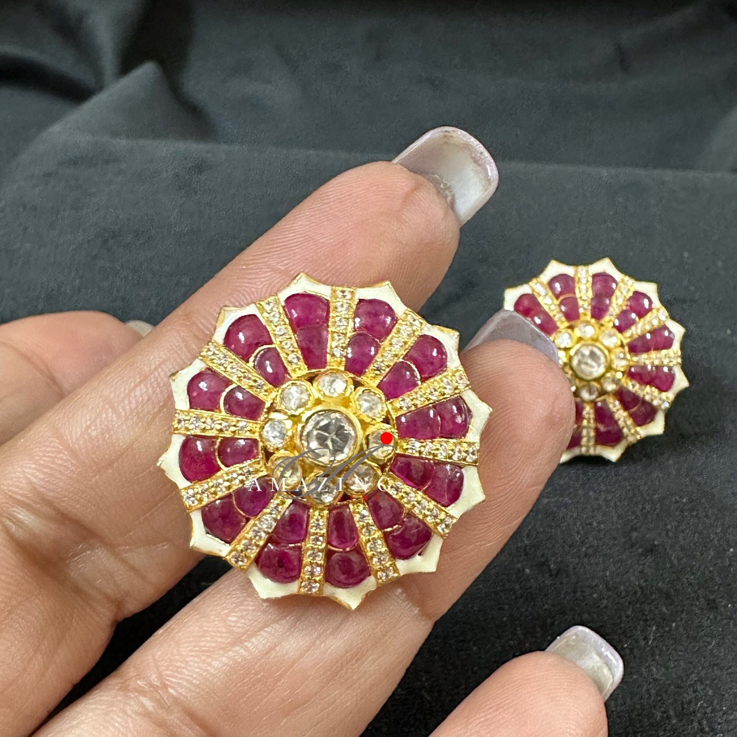 Silver Moissanite Polki with Hydro Ruby Chips Earring Moissanite Polki Kundan Stud Indian Wedding Jewelery Everyday Wear Studs Earrings