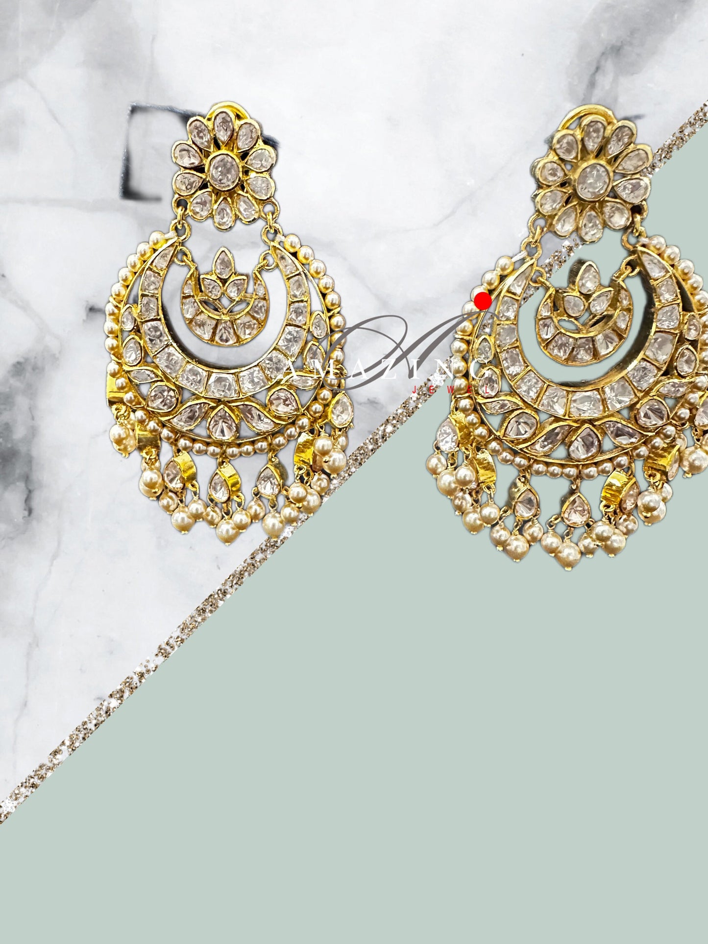 Silver Moissanite Polki  Earring | Moissanite  Polki Kundan Chandbali | Bridal Jewellery | Traditional Jewellery |  Sterling Silver Earring