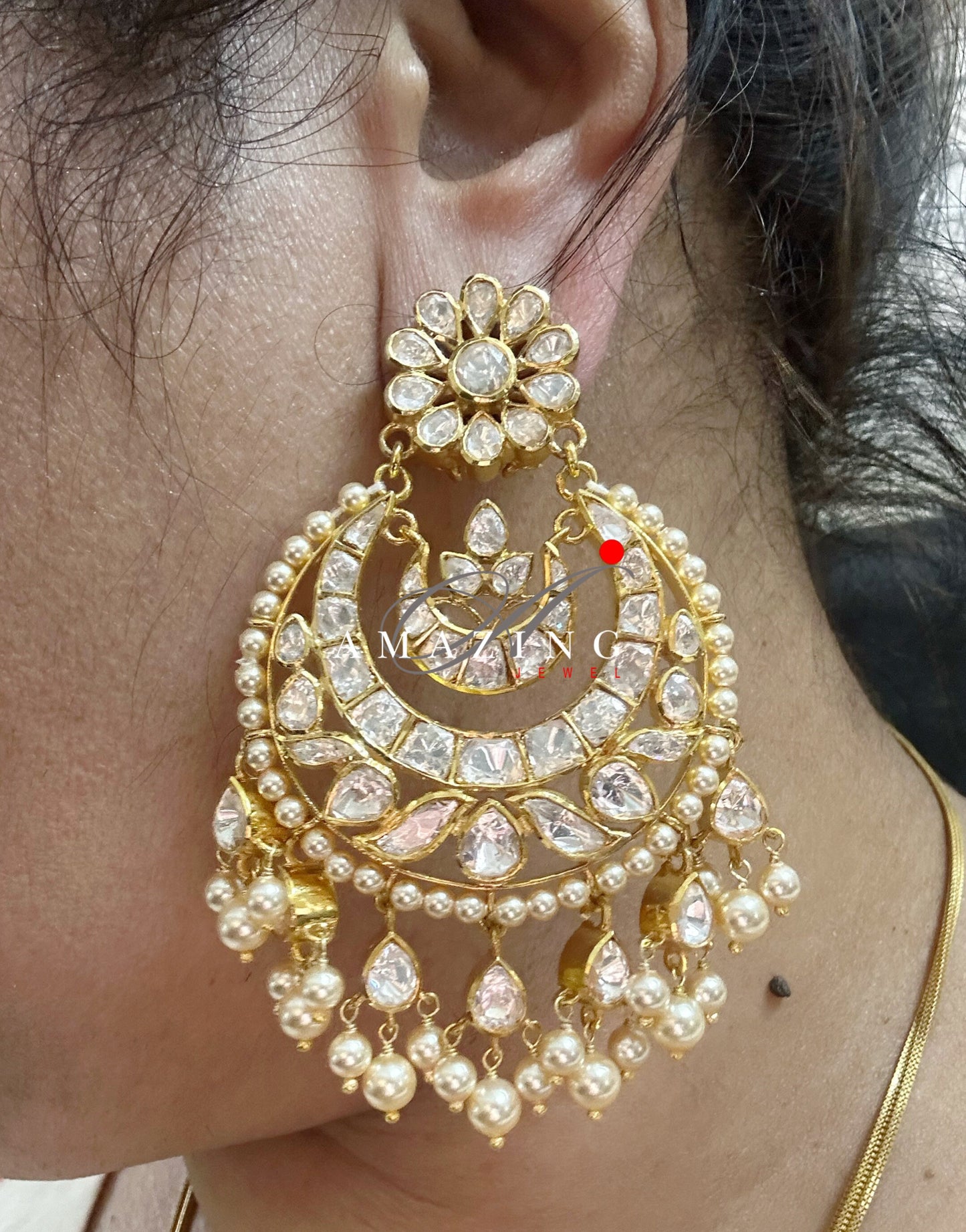 Silver Moissanite Polki  Earring | Moissanite  Polki Kundan Chandbali | Bridal Jewellery | Traditional Jewellery |  Sterling Silver Earring