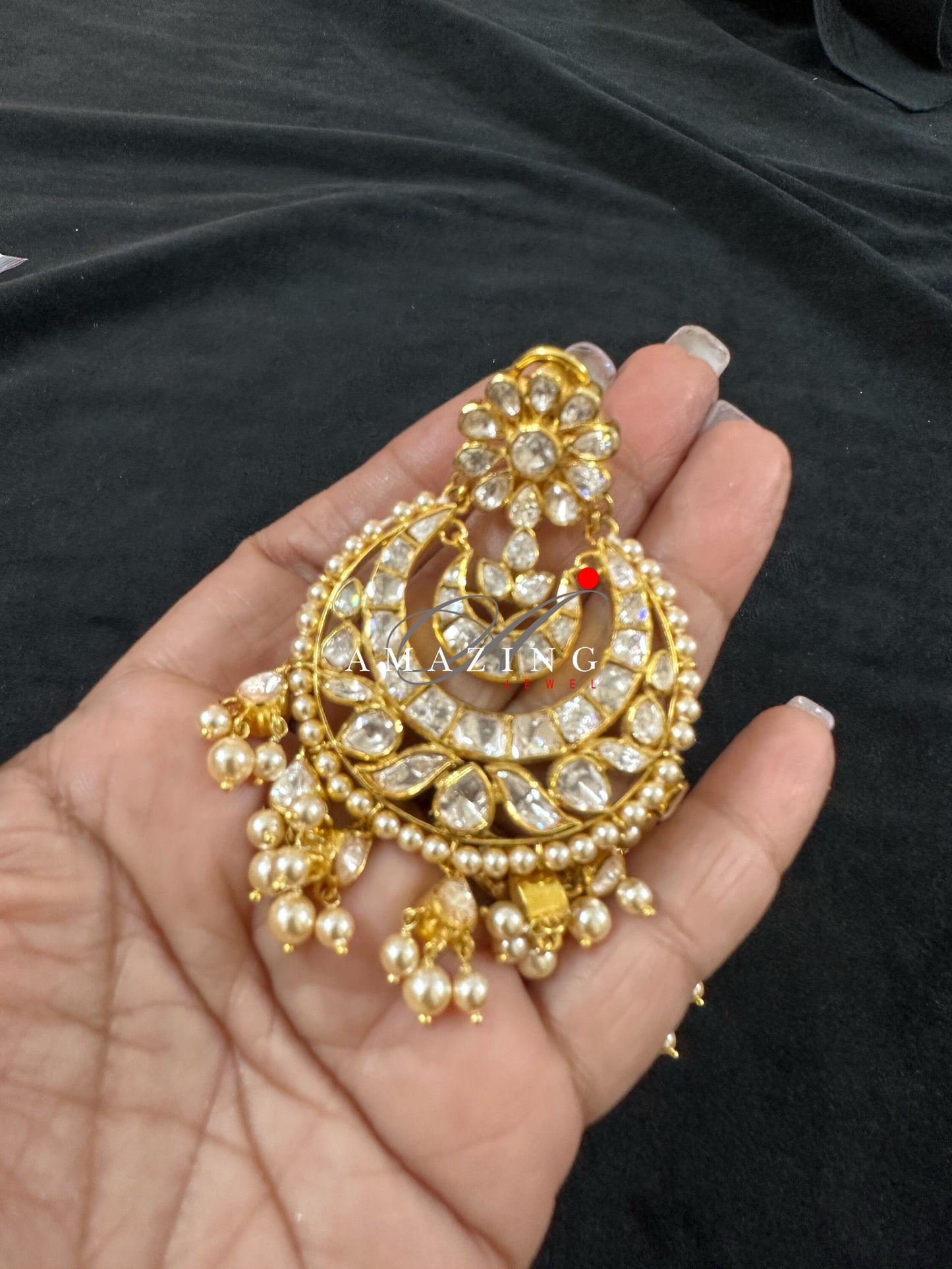 Silver Moissanite Polki  Earring | Moissanite  Polki Kundan Chandbali | Bridal Jewellery | Traditional Jewellery |  Sterling Silver Earring