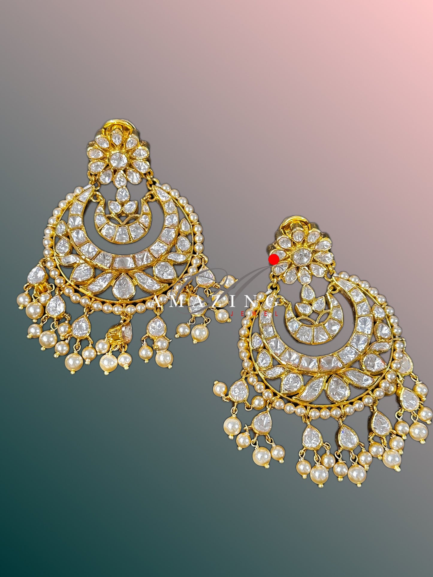 Silver Moissanite Polki  Earring | Moissanite  Polki Kundan Chandbali | Bridal Jewellery | Traditional Jewellery |  Sterling Silver Earring