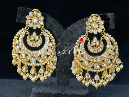 Silver Moissanite Polki  Earring | Moissanite  Polki Kundan Chandbali | Bridal Jewellery | Traditional Jewellery |  Sterling Silver Earring