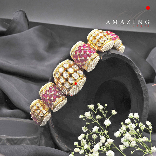 Silver Moissanite Polki Bracelet, Ruby Chip Stones,Indian Traditional Bracelet, Moissanite Bracelets, Bridal Jewelery, Openable Bracelet