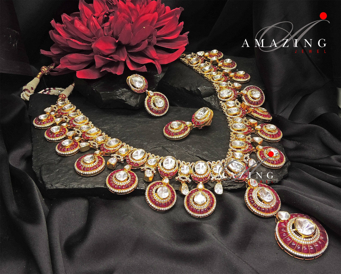 Silver Mossanite Polki Hydro Ruby Chip Set, Indian Wedding Jewellery Set, Traditional Jewellery, Bridal Jewellery, Necklace set, Travel set