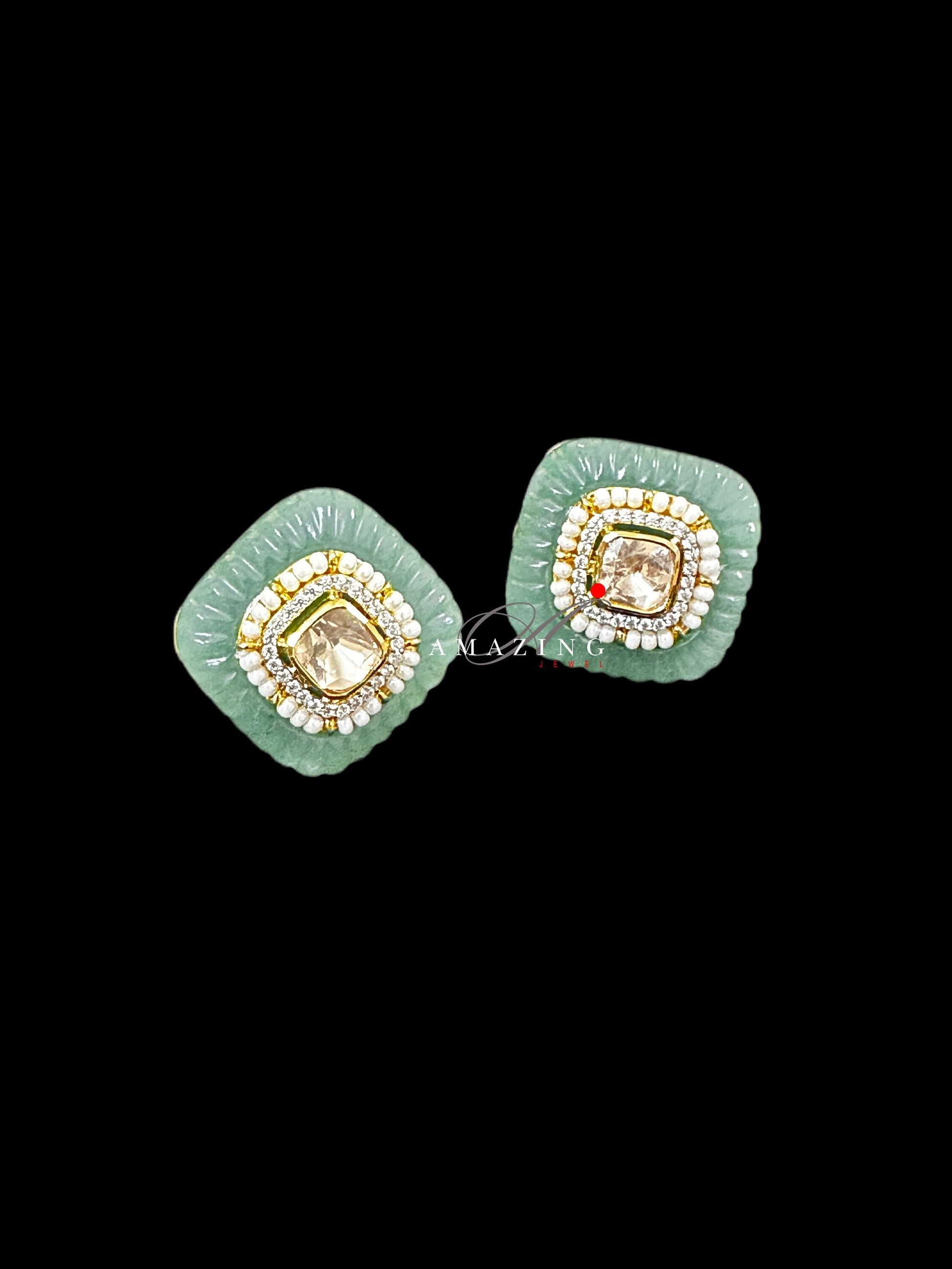 Silver Moissanite Polki Emerald Craved Stone Earring, Wedding Jewelery, Moissanite Polki Stud, PartyWear Stud, Silver Earring, Earring, Stud