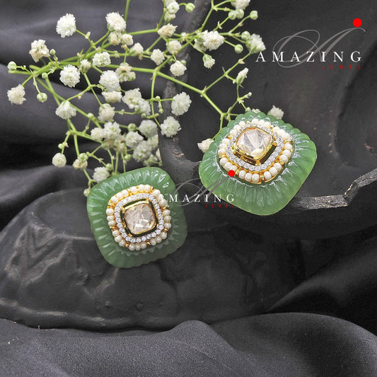 Silver Moissanite Polki Emerald Craved Stone Earring, Wedding Jewelery, Moissanite Polki Stud, PartyWear Stud, Silver Earring, Earring, Stud