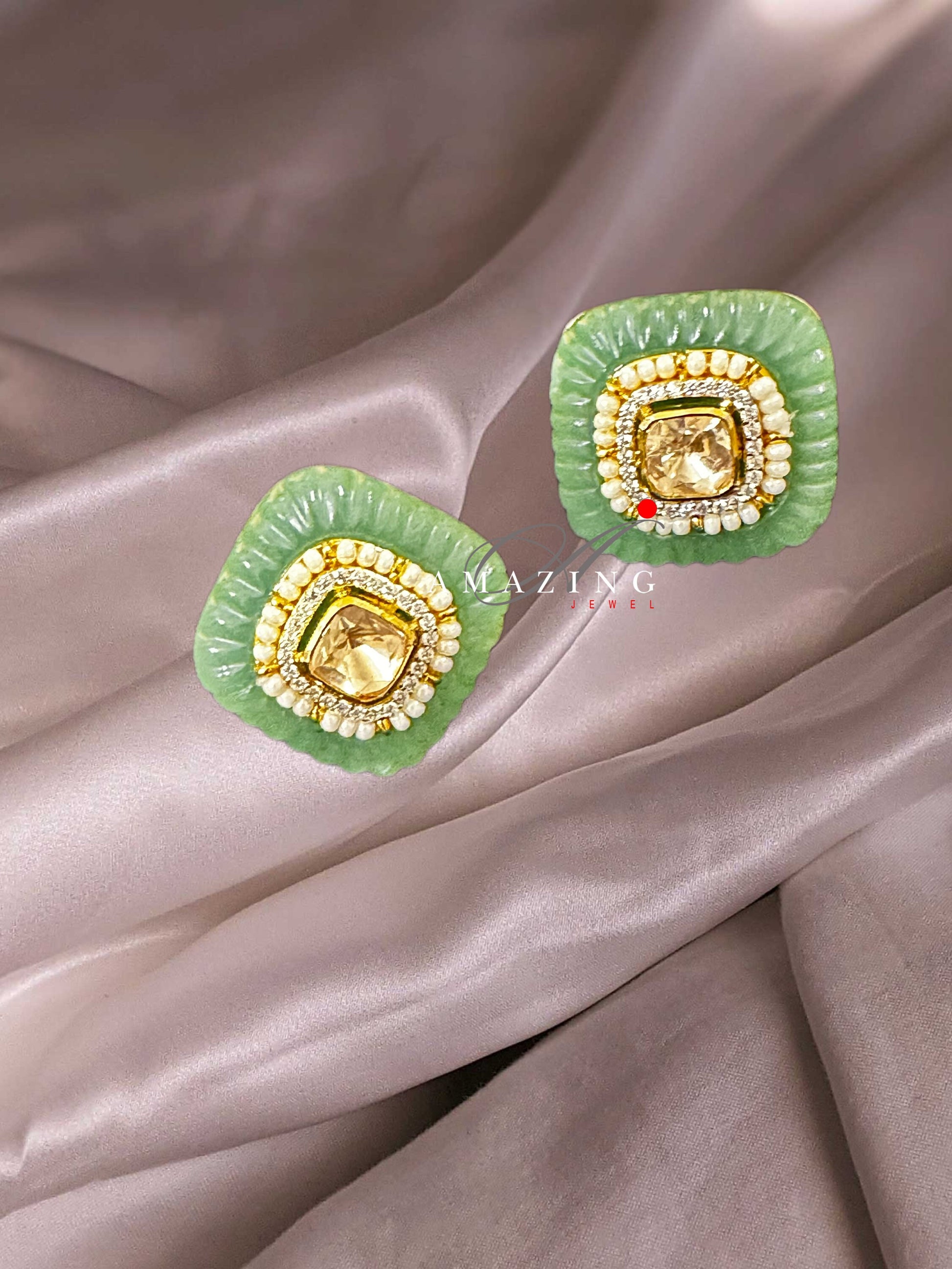 Silver Moissanite Polki Emerald Craved Stone Earring, Wedding Jewelery, Moissanite Polki Stud, PartyWear Stud, Silver Earring, Earring, Stud